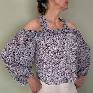 Anthropologie Caia blue and white blouse size 6 puff sleeve open shoulder